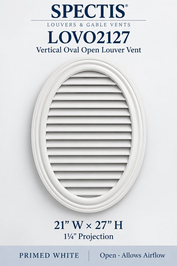 LOVO2127 Vertical Oval Open Louver Vent — 21″ W × 27″ H — Primed White — 1¼″ projection; open airflow
