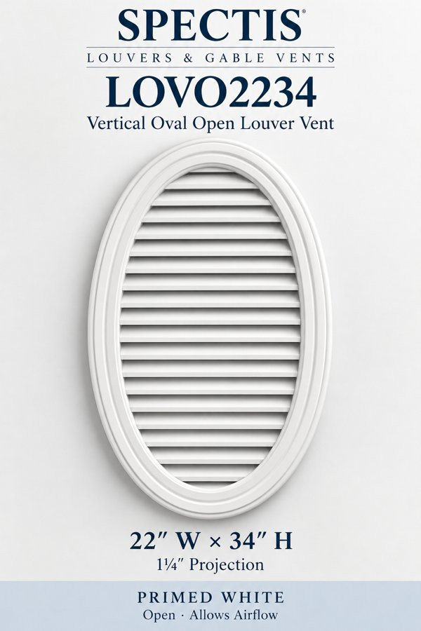 LOVO2234 Vertical Oval Open Louver Vent — 22″ W × 34″ H — Primed White — 1¼″ projection; open airflow