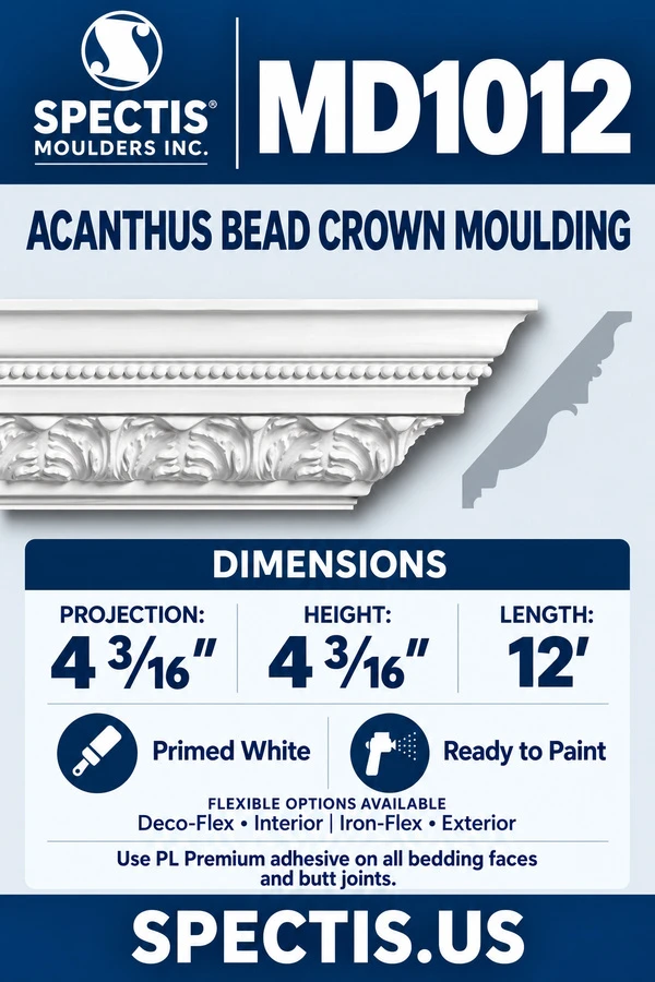 MD1012 acanthus and bead crown moulding with matching side profile; 4 3/16 inch projection x 4 3/16 inch height x 12 foot length. Deco-Flex interior and Iron-Flex exterior options.