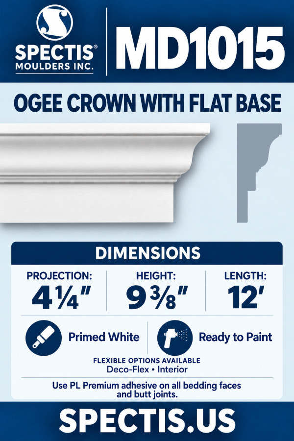 MD1015 ogee crown with recessed flat lower base and CAD-derived side profile; 4¼″ projection x 9⅜″ height x 12′ length. Deco-Flex interior option.