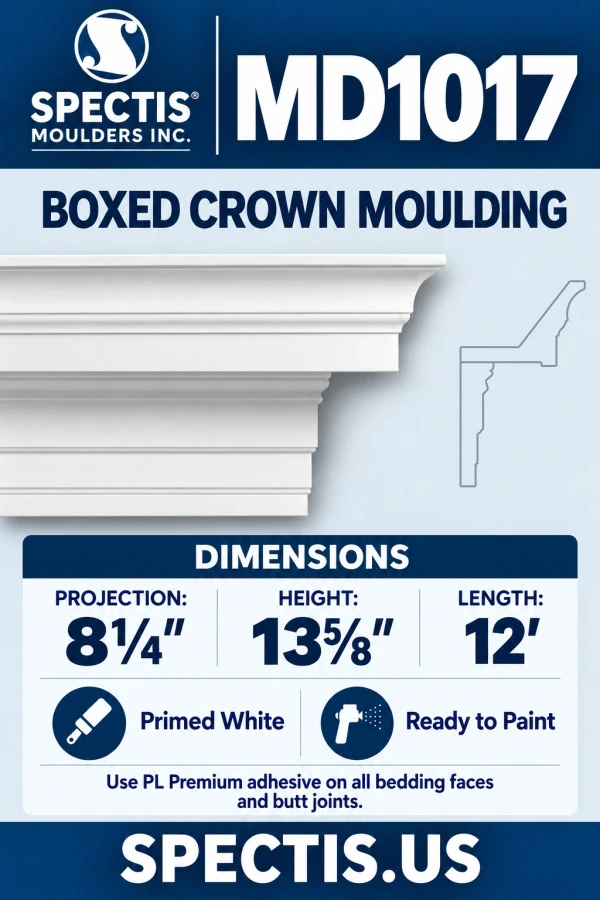 MD1017 Boxed Crown Moulding; 8¼″ projection x 13⅝″ height x 12′ length, primed white, CAD-derived grey side profile.
