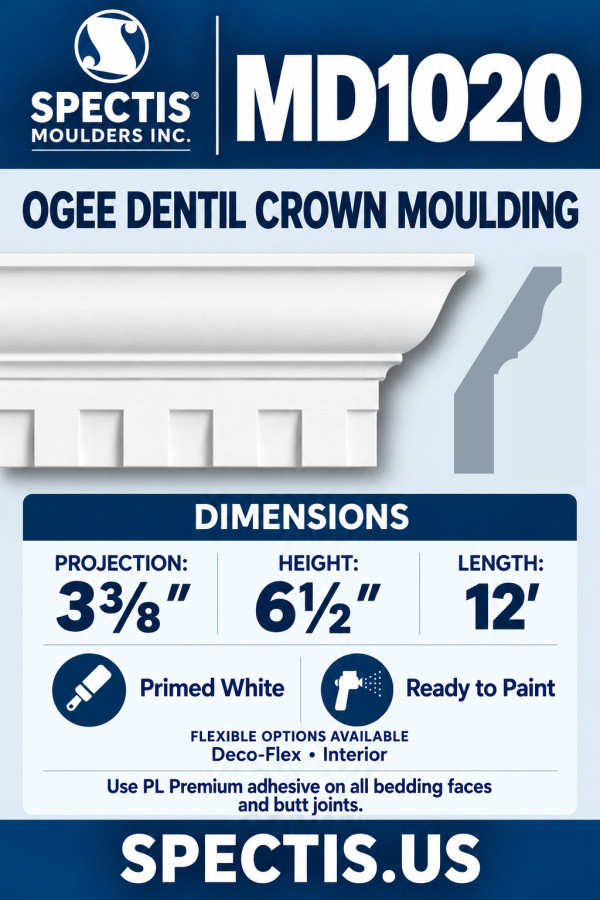 MD1020 Ogee Dentil Crown Moulding; 3⅜″ projection x 6½″ height x 12′ length, primed white, CAD-derived grey side profile. Deco-Flex interior option.