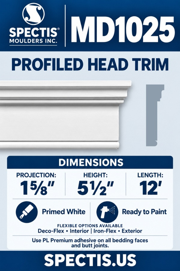 Spectis MD1025 profiled head trim: 1⅝″ projection, 5½″ height, 12′ length. Primed polyurethane; Deco-Flex and Iron-Flex options. Use PL Premium adhesive on all bedding faces and butt joints.