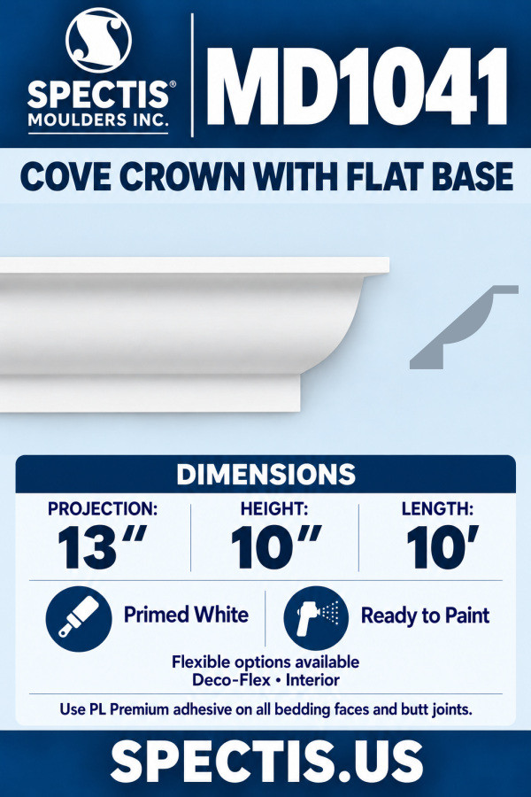 MD1041 Cove Crown with Flat Base, 13″ projection × 10″ height × 10′ length; primed polyurethane with manufacturer CAD side profile