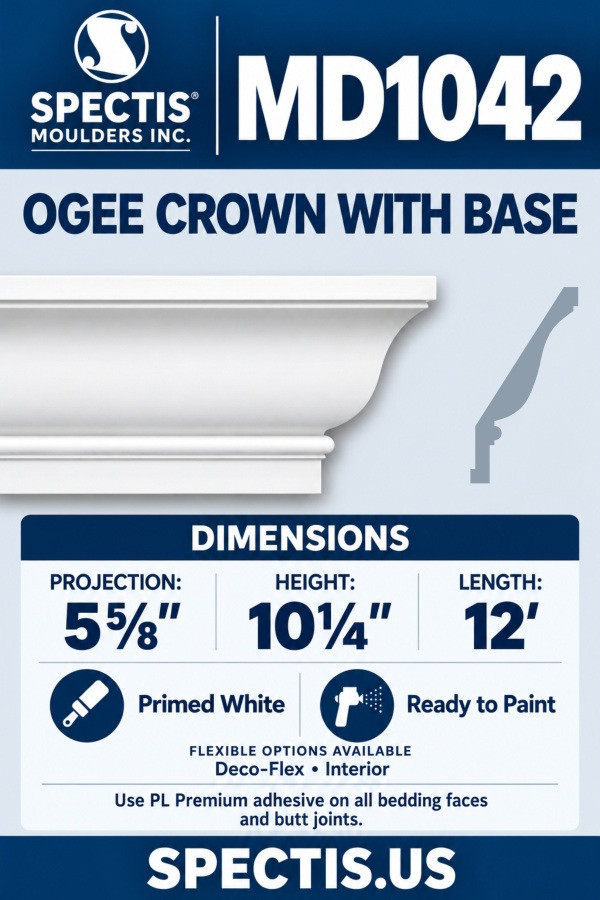 MD1042 Ogee Crown Moulding with Base — Polyurethane — 5⅝″ P × 10¼″ H × 12′ L; primed white product face and CAD-derived grey side profile.