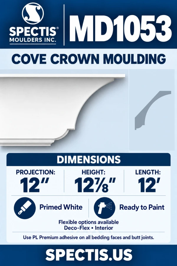 MD1053 Cove Crown Moulding, 12″ projection × 12⅞″ height × 12′ length; primed polyurethane with manufacturer CAD side profile