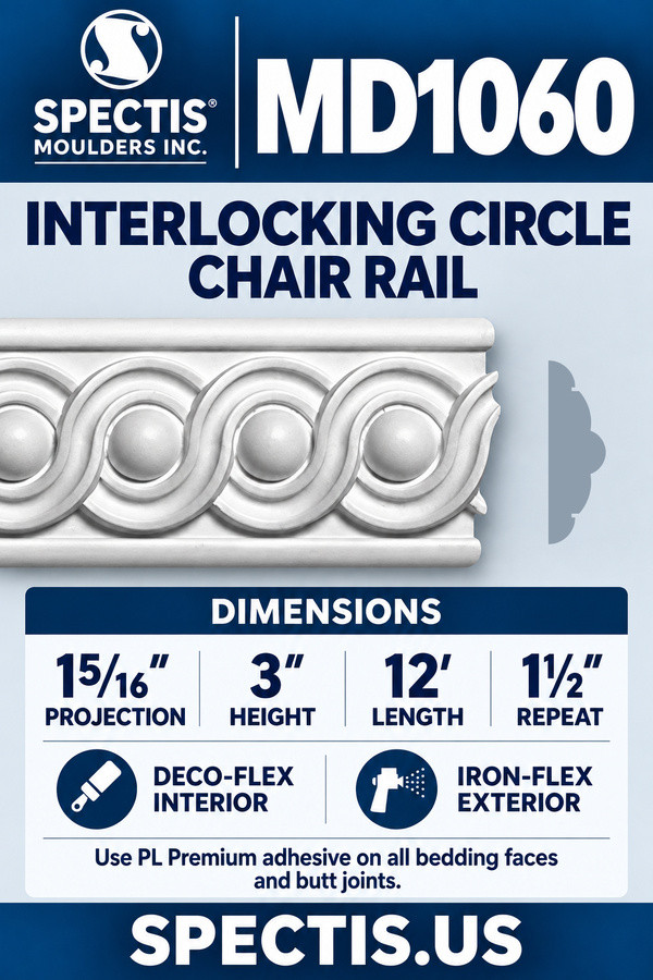 MD1060 Interlocking Circle Chair Rail — Polyurethane — 15/16″ P × 3″ H × 12′ L — product dimensions and material options