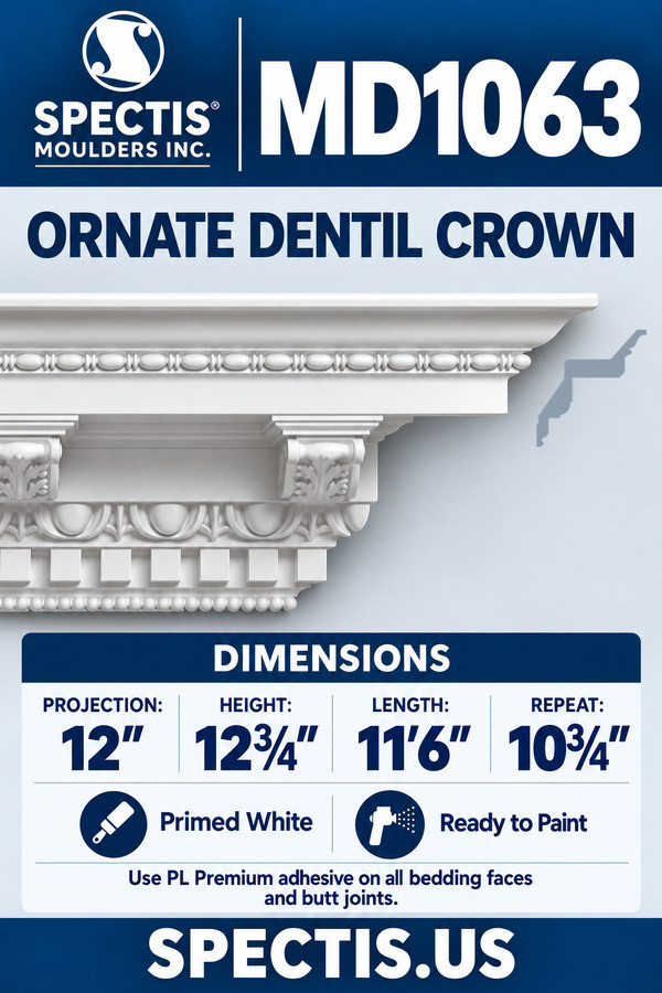 MD1063 Ornate Dentil Crown Moulding — Polyurethane — 12″ P × 12¾″ H × 11′6″ L — product dimensions and side profile