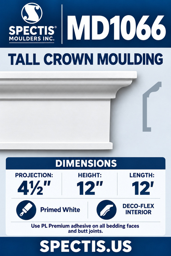 MD1066 Tall Crown Moulding — Polyurethane — 4½″ P × 12″ H × 12′ L — dimensions, finish and available material options