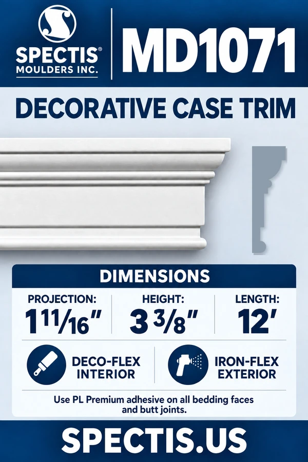 MD1071 Decorative Case Trim — Polyurethane — 1 11/16″ P × 3⅜″ H × 12′ L — dimensions, finish and available material options