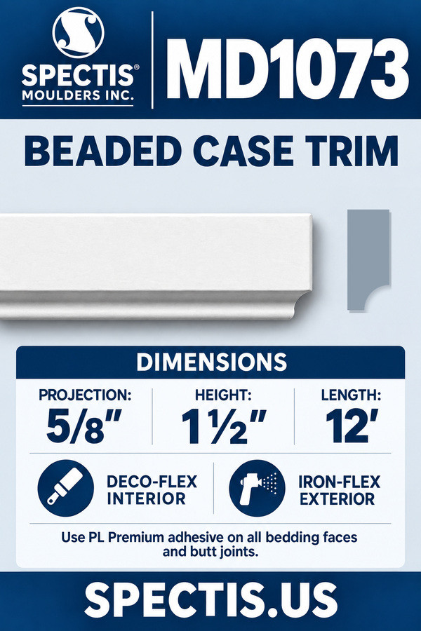 MD1073 Beaded Case Trim — Polyurethane — ⅝″ P × 1½″ H × 12′ L — dimensions, finish and available material options