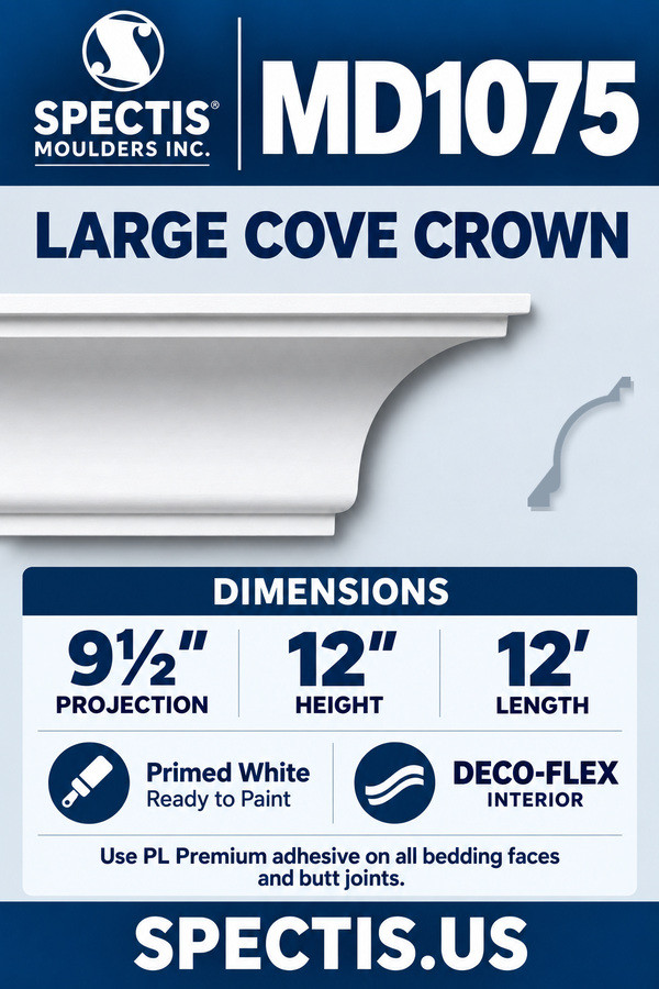 MD1075 Large Cove Crown Moulding — Polyurethane — 9½″ P × 12″ H × 12′ L — dimensions, finish and available material options