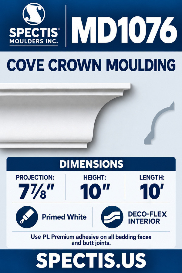 MD1076 Cove Crown Moulding — Polyurethane — 7⅞″ P × 10″ H × 10′ L — dimensions, finish and available material options