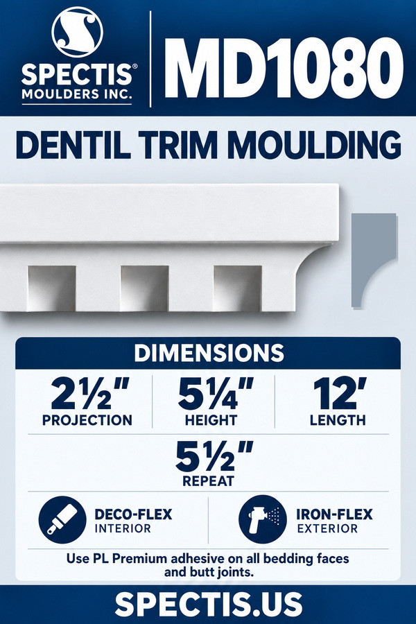 MD1080 Dentil Trim Moulding — Polyurethane — 2½″ P × 5¼″ H × 12′ L — dimensions, finish and available material options
