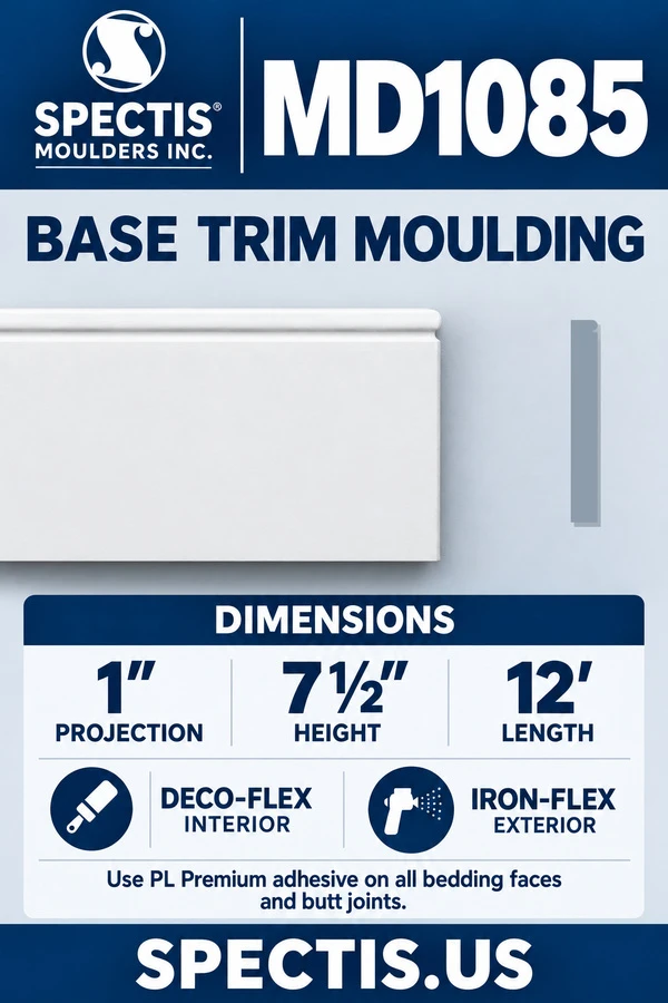 MD1085 Base Trim Moulding — Polyurethane — 1″ P × 7½″ H × 12′ L — dimensions, finish and available material options