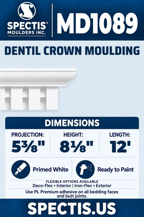 Spectis MD1089 dentil crown moulding, section and side profile. 5⅜ inch projection, 8⅛ inch height, 12 foot length. Use PL Premium adhesive. Flexible options: Deco-Flex for interior use; Iron-Flex for exterior use.
