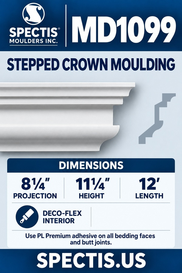 MD1099 Spectis Stepped Crown Moulding 8¼″P x 11¼″H x 12′L — product dimensions and material options