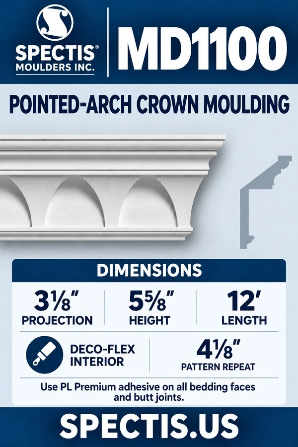 MD1100 Spectis Pointed-Arch Crown Moulding 3⅛″P x 5⅝″H x 12′L — product dimensions and material options