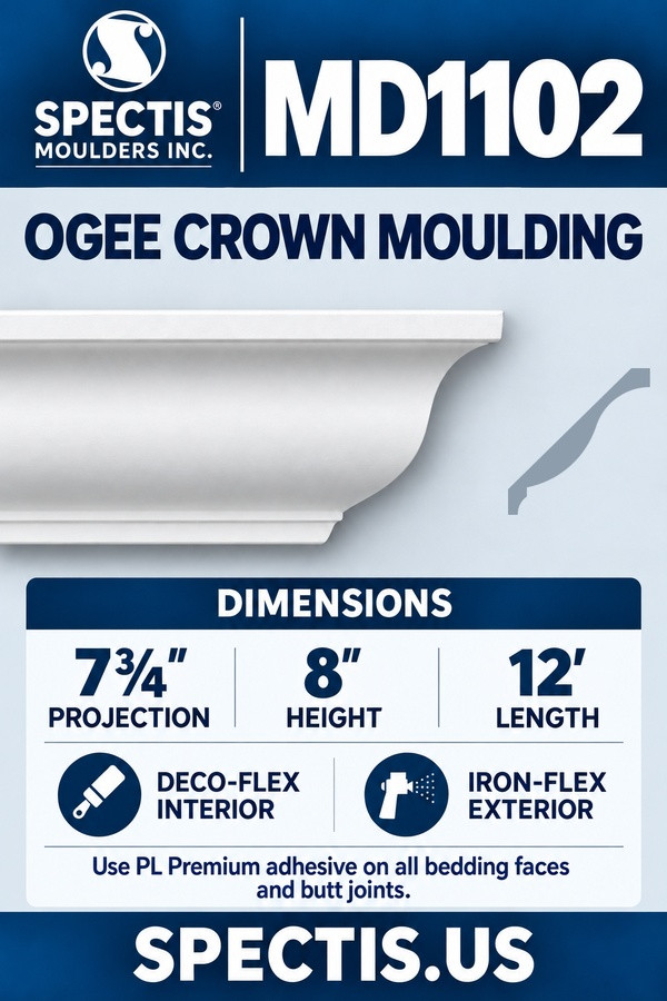 MD1102 Spectis Ogee Crown Moulding 7¾″P x 8″H x 12′L — product dimensions and material options