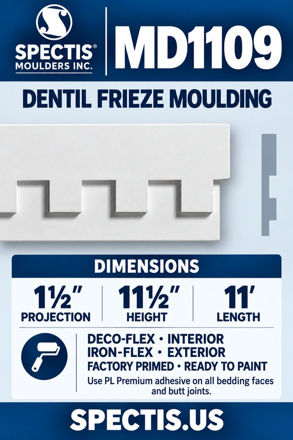 MD1109 Dentil Frieze Moulding — 1½″ projection × 11½″ height × 11′ length
