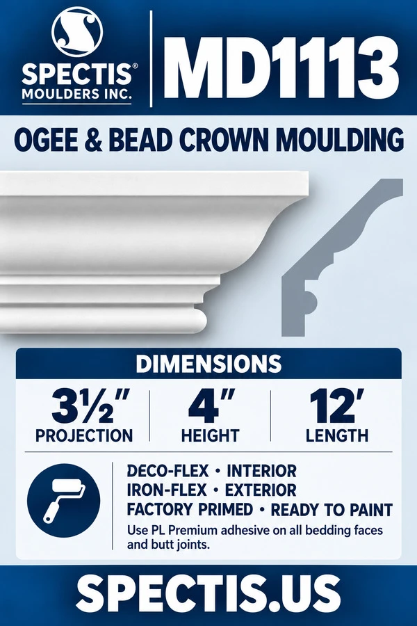 MD1113 Ogee & Bead Crown Moulding — 3½″ projection × 4″ height × 12′ length