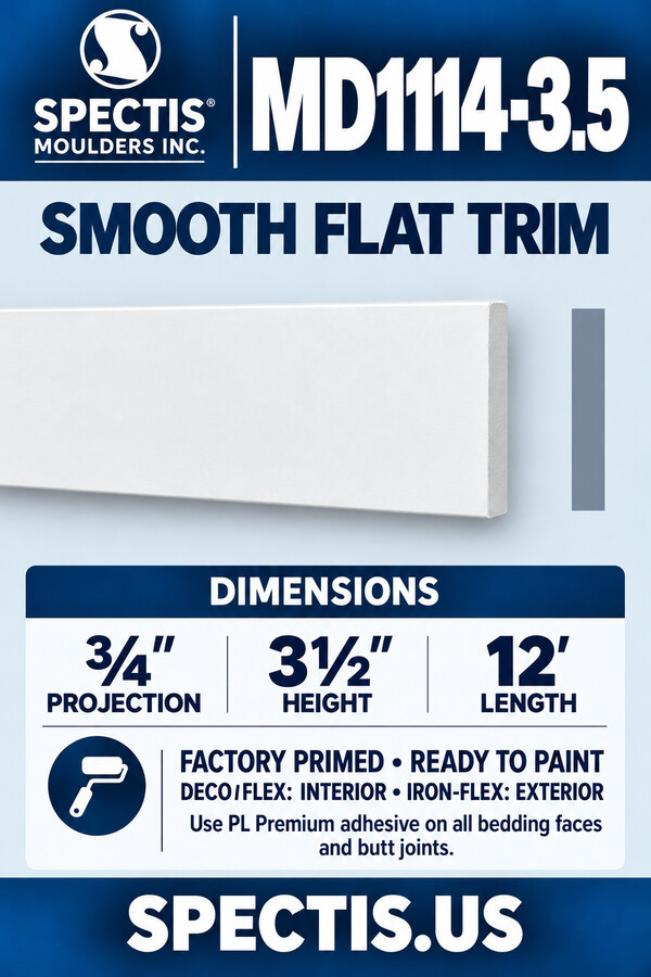 MD1114-3.5 Smooth Flat Trim — ¾″ projection × 3½″ height × 12′ length