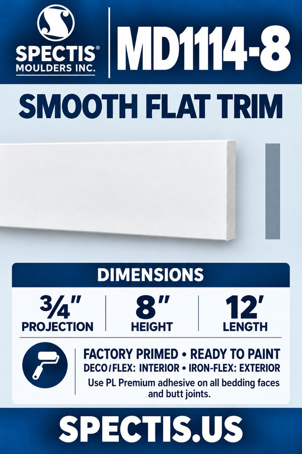 MD1114-8 Smooth Flat Trim — ¾″ projection × 8″ height × 12′ length