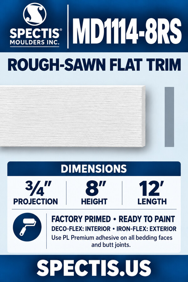 MD1114-8RS Rough-Sawn Flat Trim — ¾″ projection × 8″ height × 12′ length