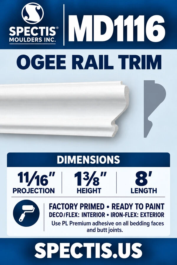 MD1116 Ogee Rail Trim — 11/16″ projection × 1⅜″ height × 8′ length