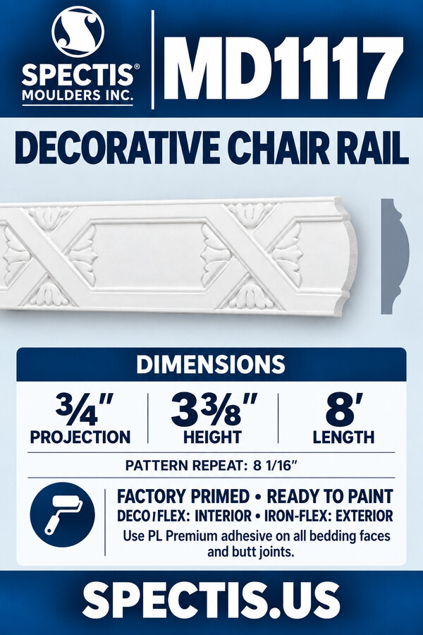 MD1117 Decorative Chair Rail — ¾″ projection × 3⅜″ height × 8′ length