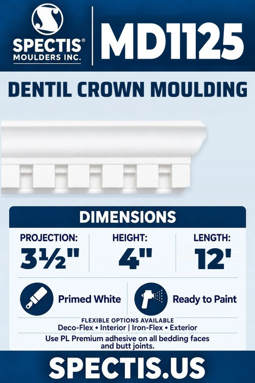 Spectis MD1125 dentil crown moulding, section and side profile. 3½ inch projection, 4 inch height, 12 foot length. Use PL Premium adhesive. Flexible options: Deco-Flex for interior use; Iron-Flex for exterior use.