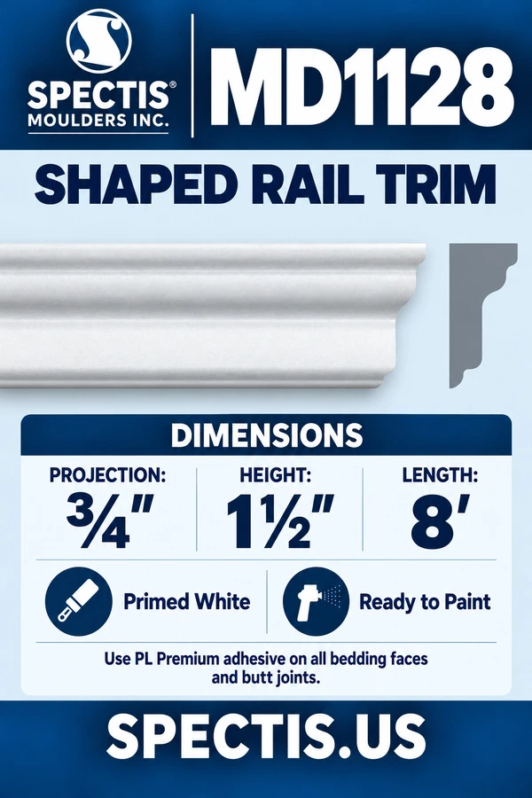 MD1128 Shaped Rail Trim — Spectis moulding dimensions and profile