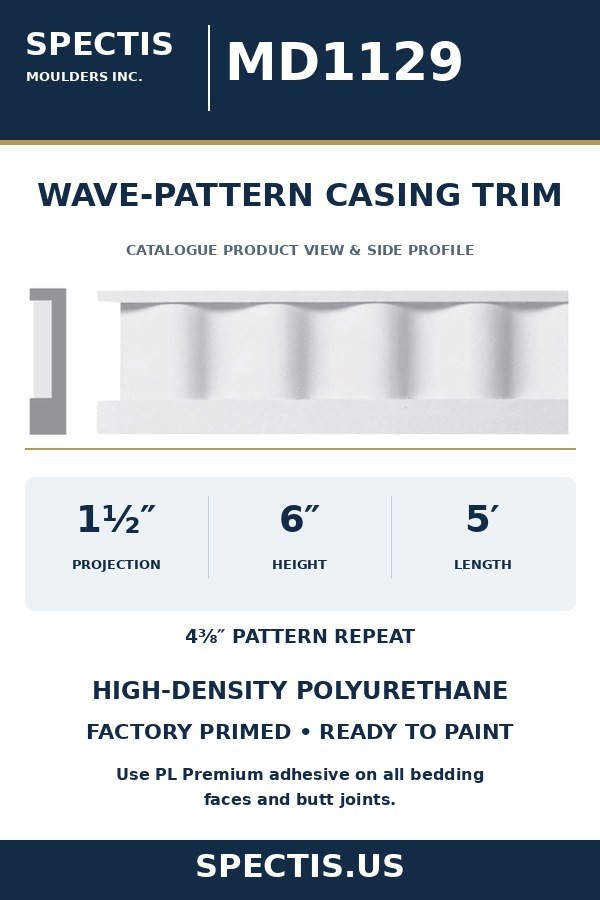 MD1129 Wave-Pattern Casing Trim — actual Spectis catalogue product and side profile — 1½″ projection × 6″ height × 5′ length; 4⅜″ pattern repeat.
