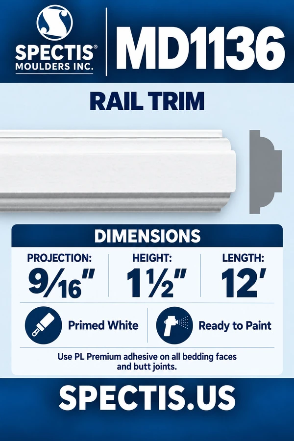 MD1136 Rail Trim — Spectis moulding dimensions and profile