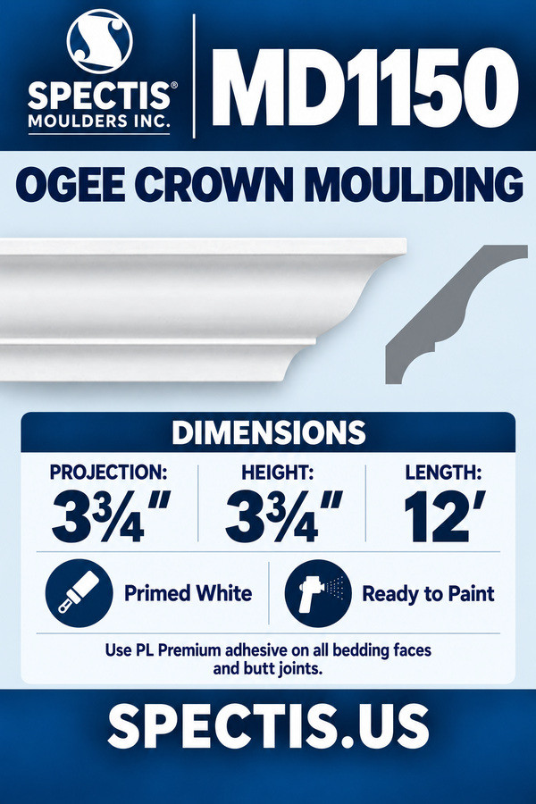 MD1150 Ogee Crown Moulding — Spectis moulding dimensions and profile