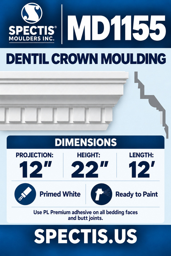MD1155 Dentil Crown Moulding — Spectis moulding dimensions and profile