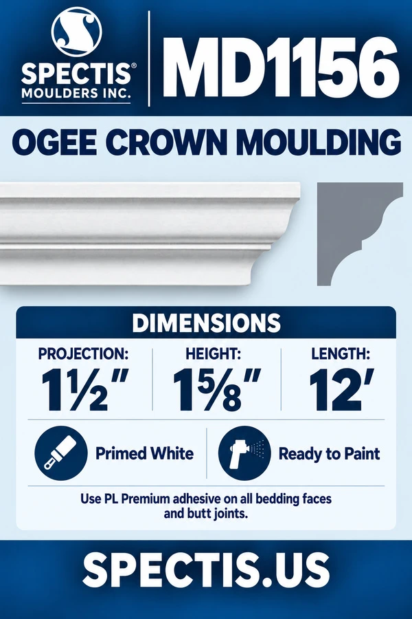 MD1156 Ogee Crown Moulding — Spectis moulding dimensions and profile