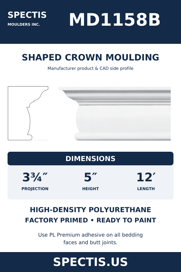 MD1158B Shaped Crown Moulding — Polyurethane — 3¾″ P × 5″ H × 12′ L — manufacturer product artwork and side profile; factory primed HDP urethane.