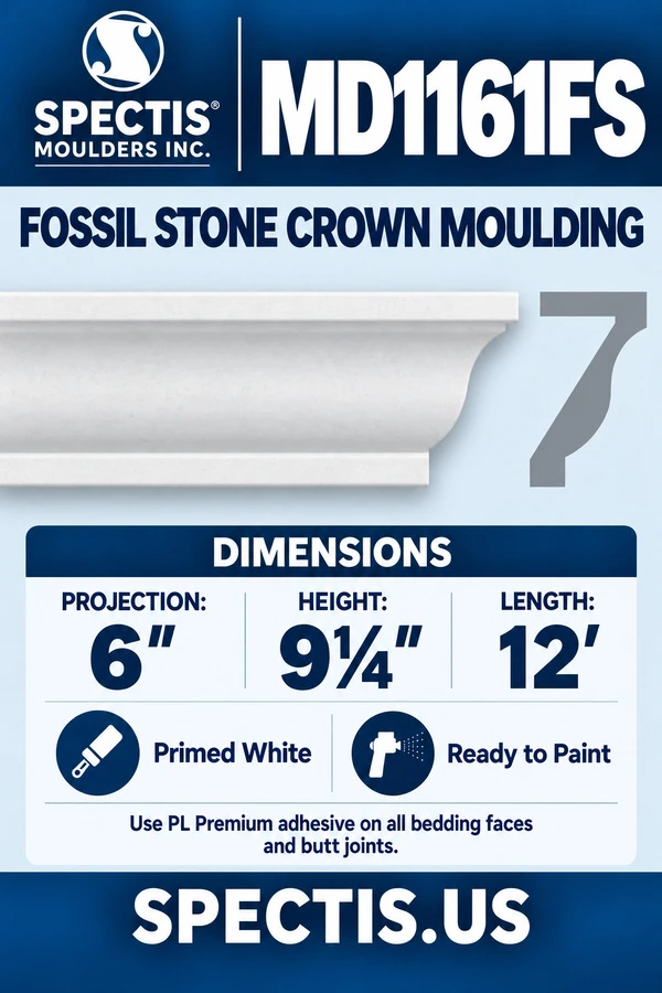 MD1161FS Fossil Stone Crown Moulding — Spectis moulding dimensions and profile