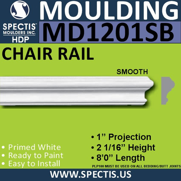 MD1201SB Smooth Chair Rail 1"P x 2 1/16"H x 96"L