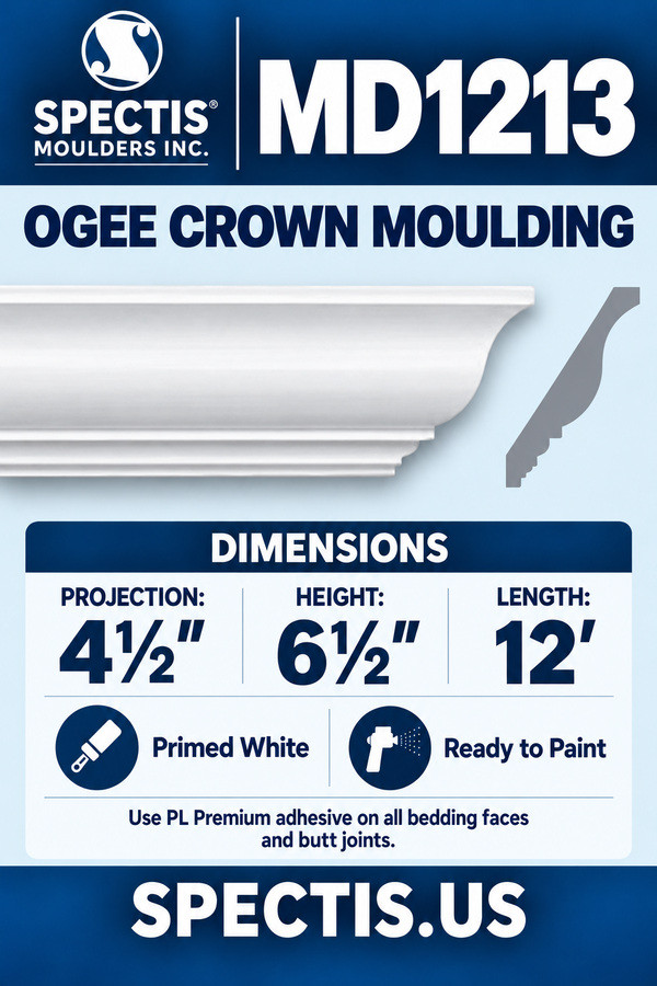 MD1213 Ogee Crown Moulding — Spectis moulding dimensions and profile