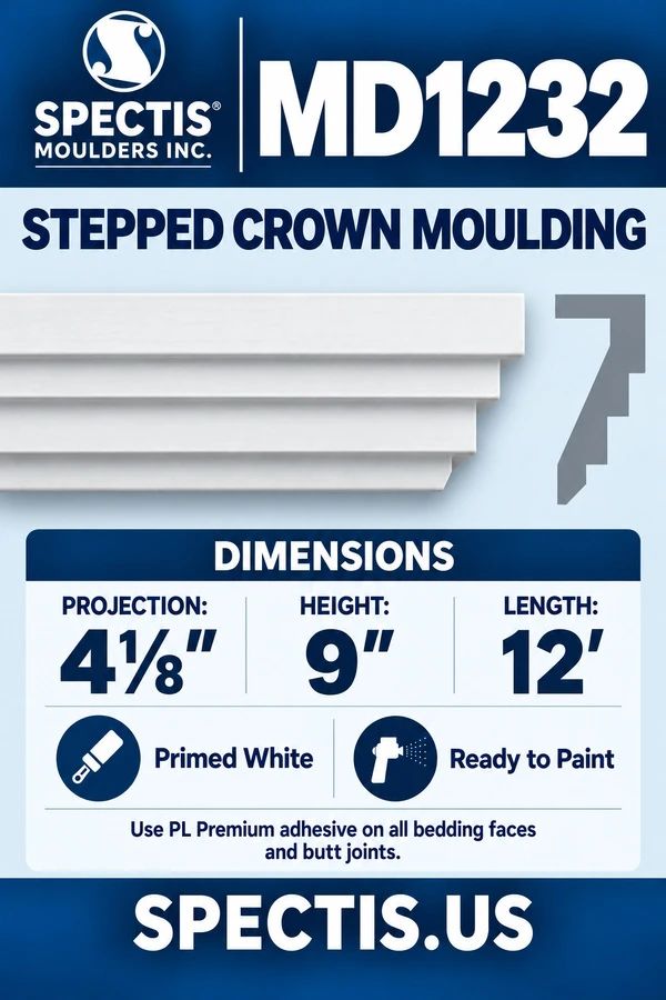 MD1232 Stepped Crown Moulding — Spectis moulding dimensions and profile