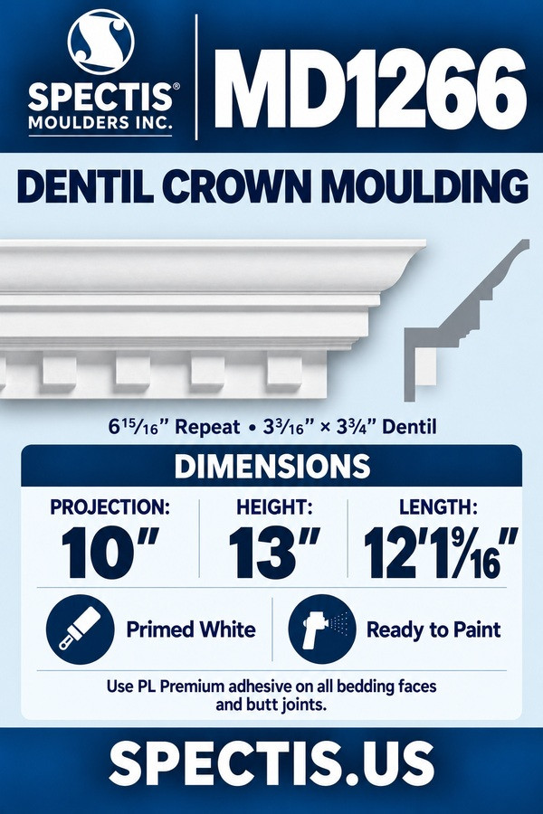 MD1266 Dentil Crown Moulding — Spectis moulding dimensions and profile