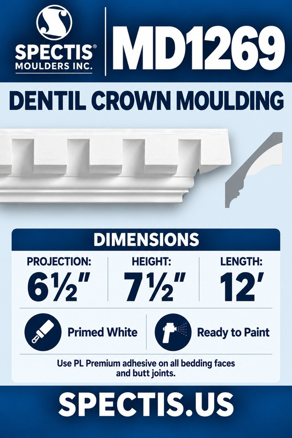 MD1269 Dentil Crown Moulding — Spectis moulding dimensions and profile