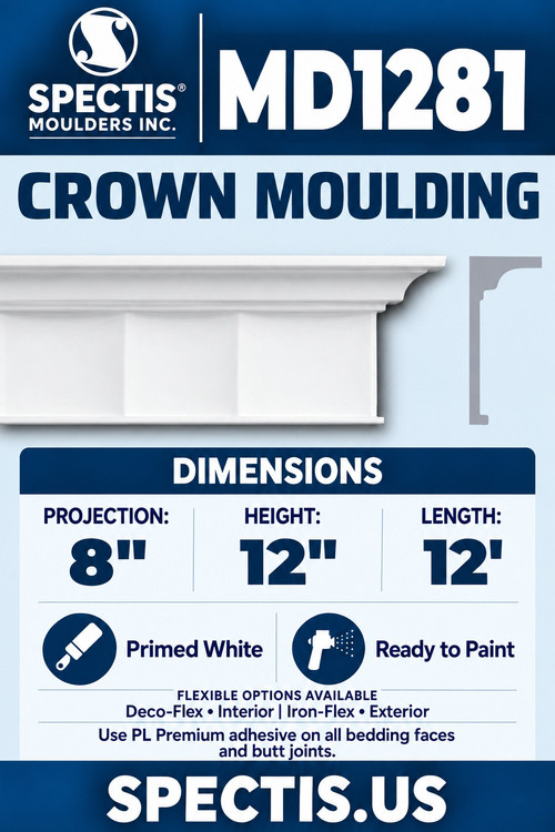 MD1281 crown moulding with matching side profile and dimensions