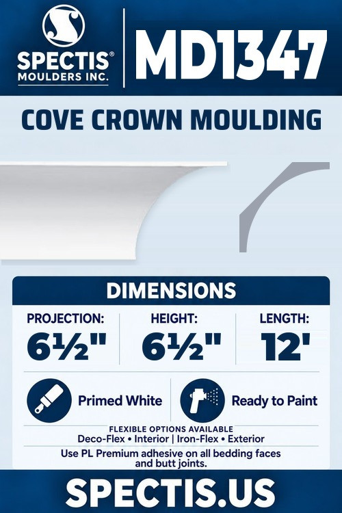 Spectis MD1347 cove crown moulding, section and side profile. 6½ inch projection, 6½ inch height, 12 foot length. Use PL Premium adhesive. Flexible options: Deco-Flex for interior use; Iron-Flex for exterior use.
