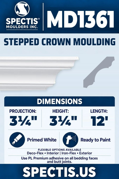 Spectis MD1361 stepped crown moulding, section and side profile. 3¼ inch projection, 3¼ inch height, 12 foot length. Use PL Premium adhesive. Flexible options: Deco-Flex for interior use; Iron-Flex for exterior use.