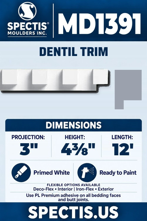 Spectis MD1391 dentil trim, section and side profile. 3 inch projection, 4⅜ inch height, 12 foot length. Use PL Premium adhesive. Flexible options: Deco-Flex for interior use; Iron-Flex for exterior use.