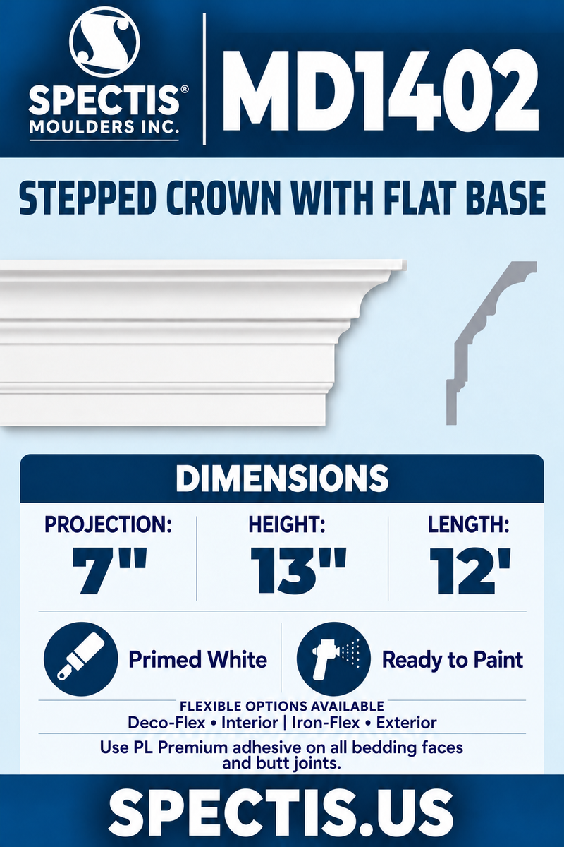 MD1402 moulding — clean white rendering and manufacturer-catalogue-based gray side profile.