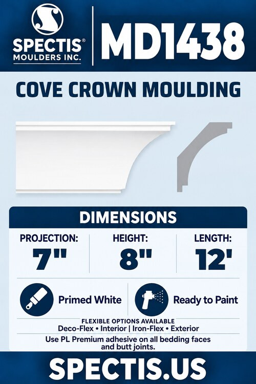 MD1438 cove crown moulding and manufacturer side profile, aligned at matching height. 7 inch projection, 8 inch height, 12 foot length.